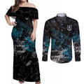 Port Adelaide Power Couples Matching Off Shoulder Maxi Dress and Long Sleeve Button Shirt Urban Graffiti Street Art - Bold Abstract Spray Paint