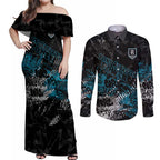 Port Adelaide Power Couples Matching Off Shoulder Maxi Dress and Long Sleeve Button Shirt Urban Graffiti Street Art - Bold Abstract Spray Paint