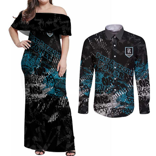 Port Adelaide Power Couples Matching Off Shoulder Maxi Dress and Long Sleeve Button Shirt Urban Graffiti Street Art - Bold Abstract Spray Paint