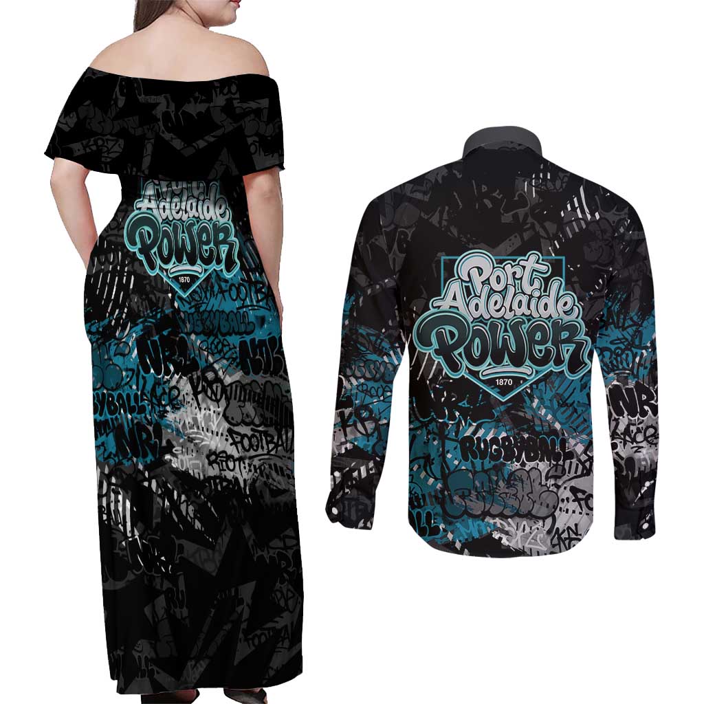 Port Adelaide Power Couples Matching Off Shoulder Maxi Dress and Long Sleeve Button Shirt Urban Graffiti Street Art - Bold Abstract Spray Paint