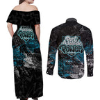 Port Adelaide Power Couples Matching Off Shoulder Maxi Dress and Long Sleeve Button Shirt Urban Graffiti Street Art - Bold Abstract Spray Paint