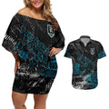 Port Adelaide Power Couples Matching Off Shoulder Short Dress and Hawaiian Shirt Urban Graffiti Street Art - Bold Abstract Spray Paint