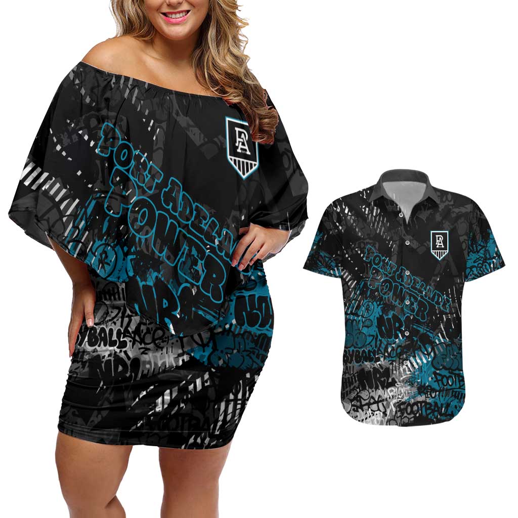 Port Adelaide Power Couples Matching Off Shoulder Short Dress and Hawaiian Shirt Urban Graffiti Street Art - Bold Abstract Spray Paint