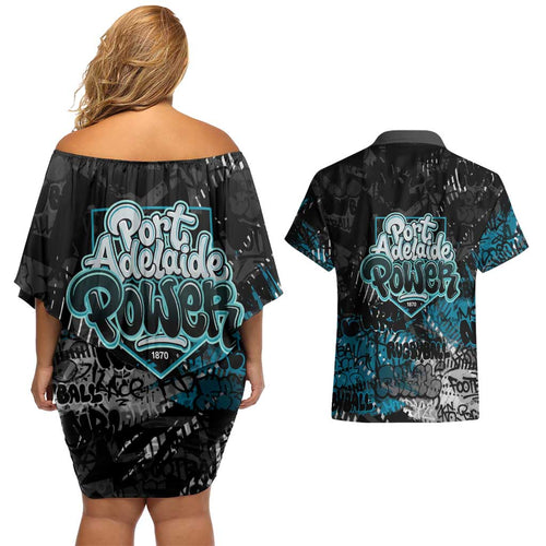 Port Adelaide Power Couples Matching Off Shoulder Short Dress and Hawaiian Shirt Urban Graffiti Street Art - Bold Abstract Spray Paint