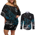 Port Adelaide Power Couples Matching Off Shoulder Short Dress and Long Sleeve Button Shirt Urban Graffiti Street Art - Bold Abstract Spray Paint