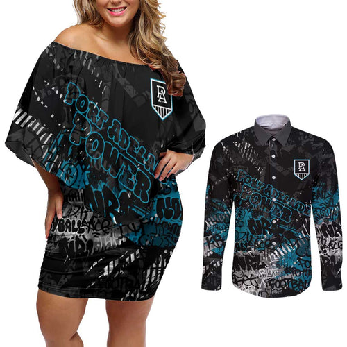 Port Adelaide Power Couples Matching Off Shoulder Short Dress and Long Sleeve Button Shirt Urban Graffiti Street Art - Bold Abstract Spray Paint