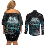 Port Adelaide Power Couples Matching Off Shoulder Short Dress and Long Sleeve Button Shirt Urban Graffiti Street Art - Bold Abstract Spray Paint
