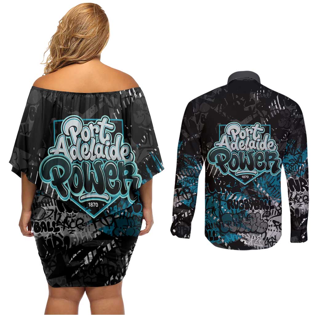 Port Adelaide Power Couples Matching Off Shoulder Short Dress and Long Sleeve Button Shirt Urban Graffiti Street Art - Bold Abstract Spray Paint
