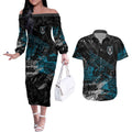 Port Adelaide Power Couples Matching Off The Shoulder Long Sleeve Dress and Hawaiian Shirt Urban Graffiti Street Art - Bold Abstract Spray Paint