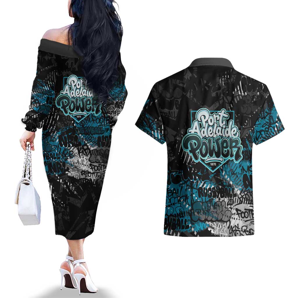 Port Adelaide Power Couples Matching Off The Shoulder Long Sleeve Dress and Hawaiian Shirt Urban Graffiti Street Art - Bold Abstract Spray Paint