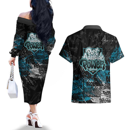 Port Adelaide Power Couples Matching Off The Shoulder Long Sleeve Dress and Hawaiian Shirt Urban Graffiti Street Art - Bold Abstract Spray Paint