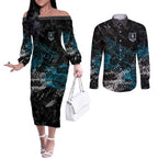 Port Adelaide Power Couples Matching Off The Shoulder Long Sleeve Dress and Long Sleeve Button Shirt Urban Graffiti Street Art - Bold Abstract Spray Paint