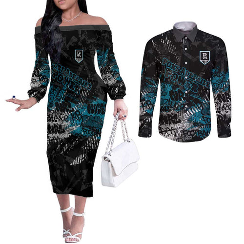 Port Adelaide Power Couples Matching Off The Shoulder Long Sleeve Dress and Long Sleeve Button Shirt Urban Graffiti Street Art - Bold Abstract Spray Paint