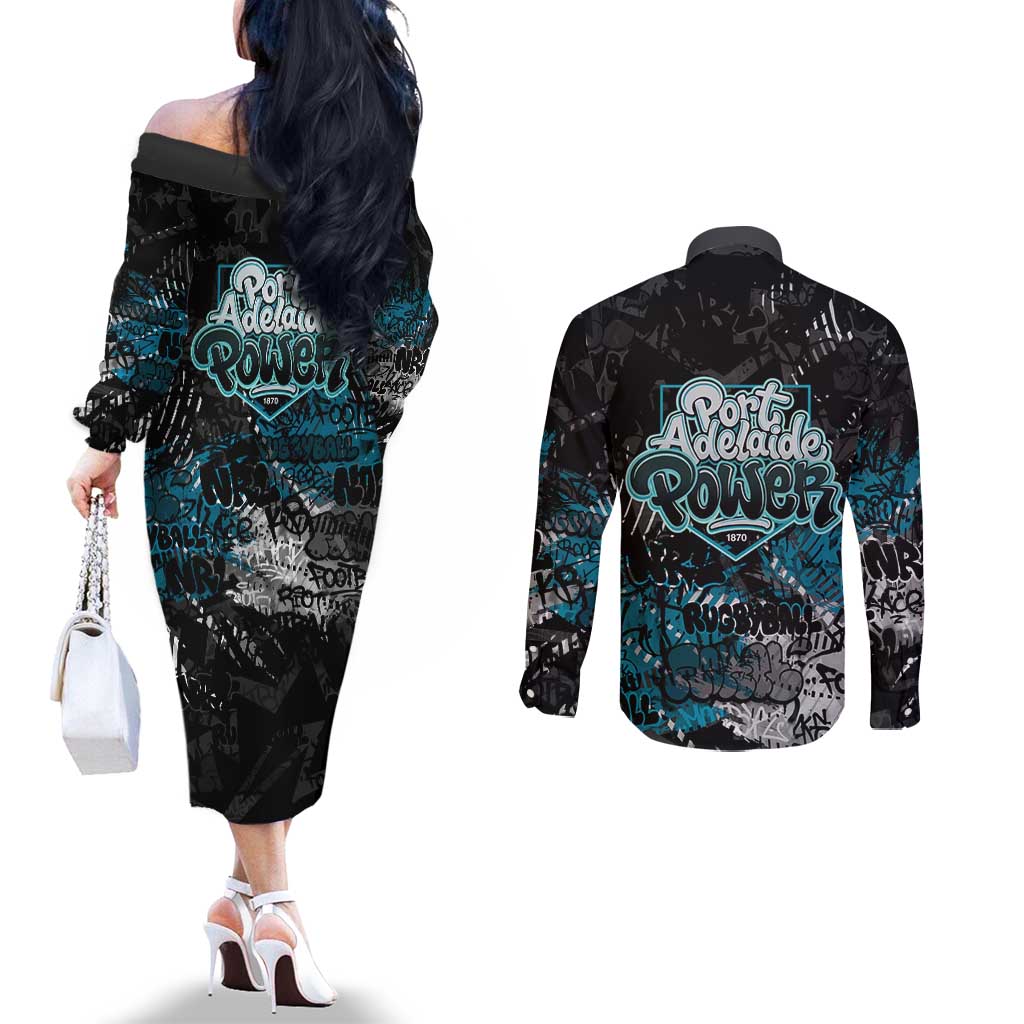 Port Adelaide Power Couples Matching Off The Shoulder Long Sleeve Dress and Long Sleeve Button Shirt Urban Graffiti Street Art - Bold Abstract Spray Paint