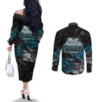 Port Adelaide Power Couples Matching Off The Shoulder Long Sleeve Dress and Long Sleeve Button Shirt Urban Graffiti Street Art - Bold Abstract Spray Paint