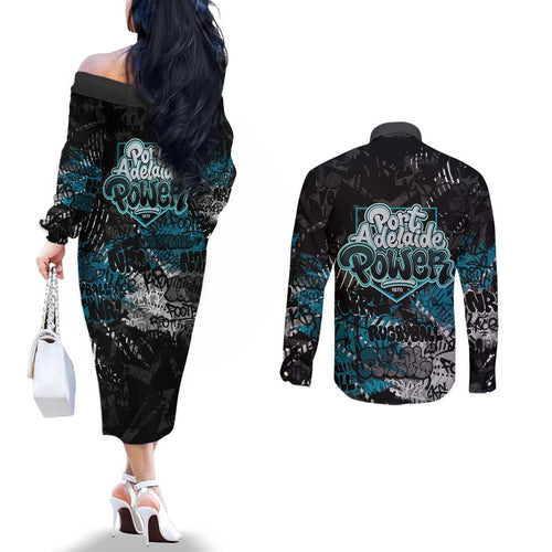 Port Adelaide Power Couples Matching Off The Shoulder Long Sleeve Dress and Long Sleeve Button Shirt Urban Graffiti Street Art - Bold Abstract Spray Paint