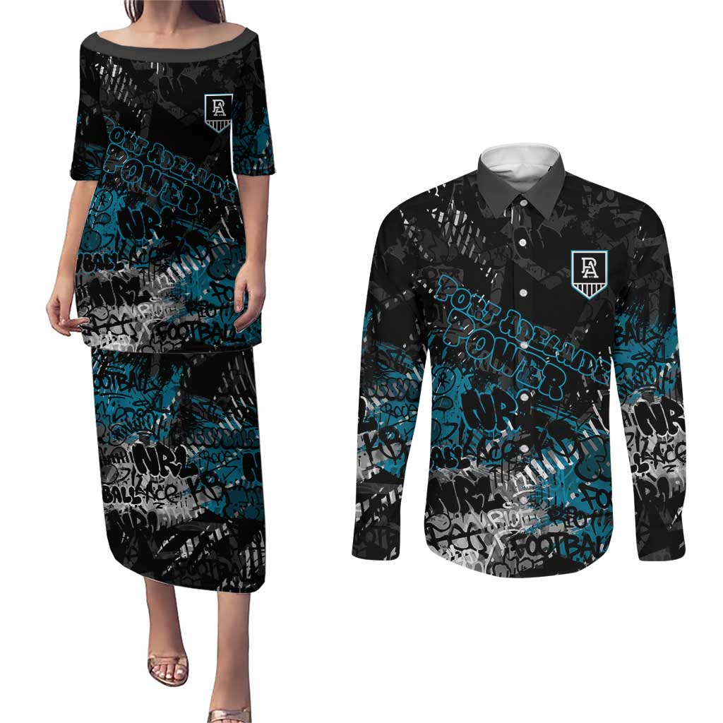 Port Adelaide Power Couples Matching Puletasi and Long Sleeve Button Shirt Urban Graffiti Street Art - Bold Abstract Spray Paint