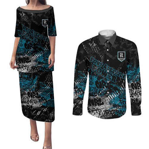 Port Adelaide Power Couples Matching Puletasi and Long Sleeve Button Shirt Urban Graffiti Street Art - Bold Abstract Spray Paint