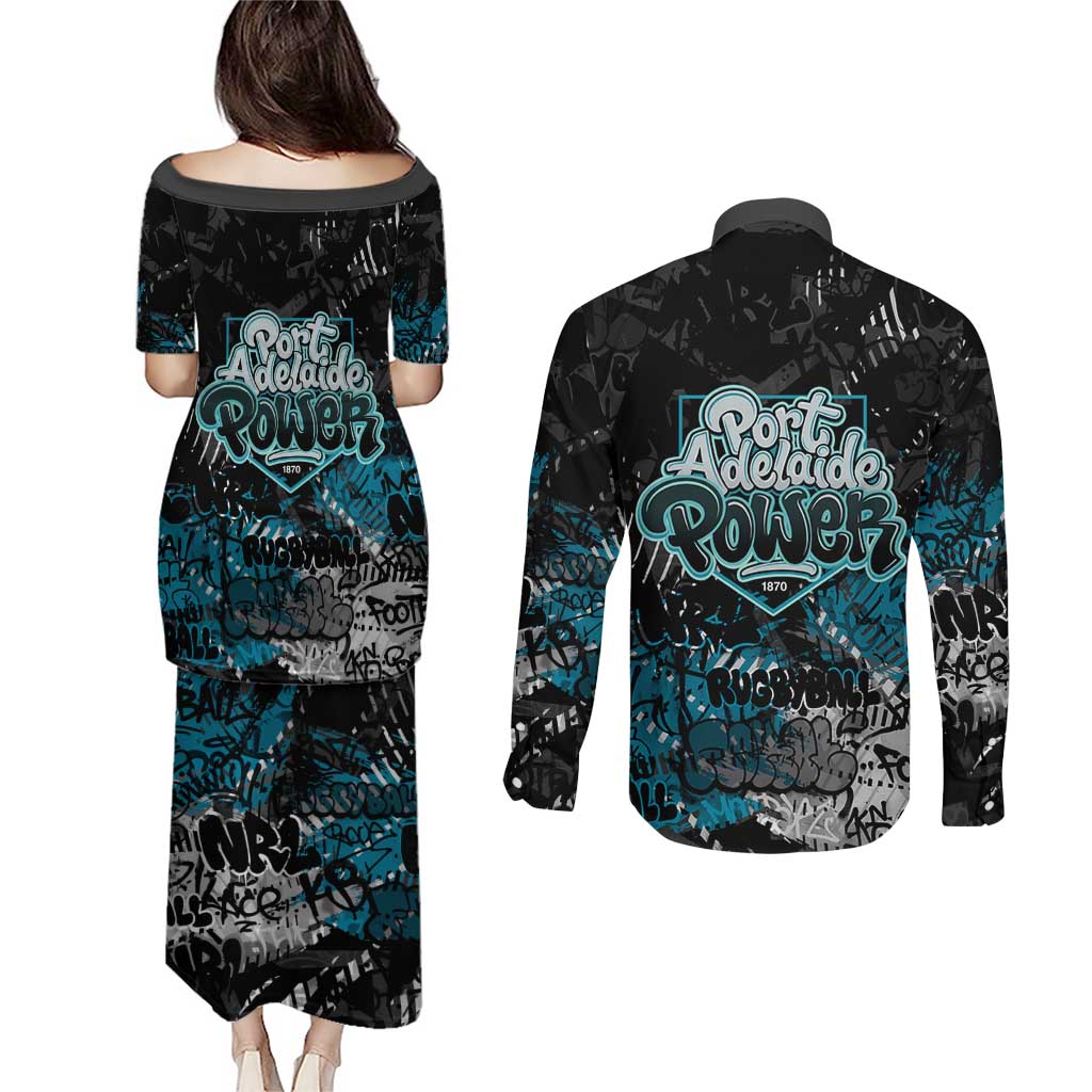 Port Adelaide Power Couples Matching Puletasi and Long Sleeve Button Shirt Urban Graffiti Street Art - Bold Abstract Spray Paint