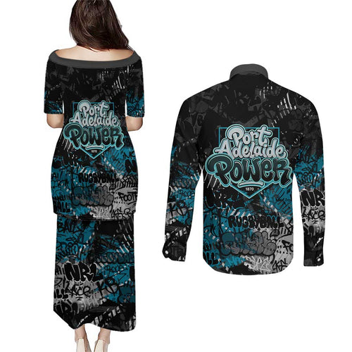 Port Adelaide Power Couples Matching Puletasi and Long Sleeve Button Shirt Urban Graffiti Street Art - Bold Abstract Spray Paint