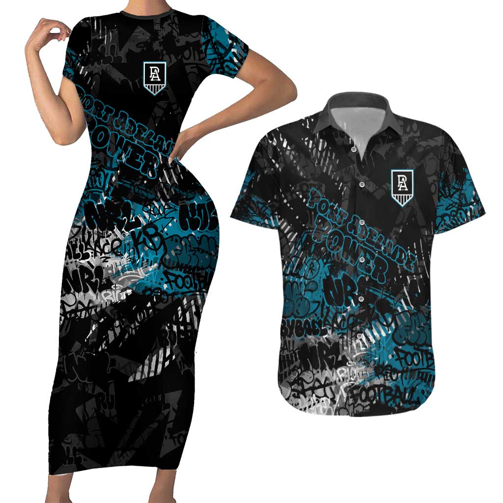 Port Adelaide Power Couples Matching Short Sleeve Bodycon Dress and Hawaiian Shirt Urban Graffiti Street Art - Bold Abstract Spray Paint