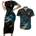 Port Adelaide Power Couples Matching Short Sleeve Bodycon Dress and Hawaiian Shirt Urban Graffiti Street Art - Bold Abstract Spray Paint