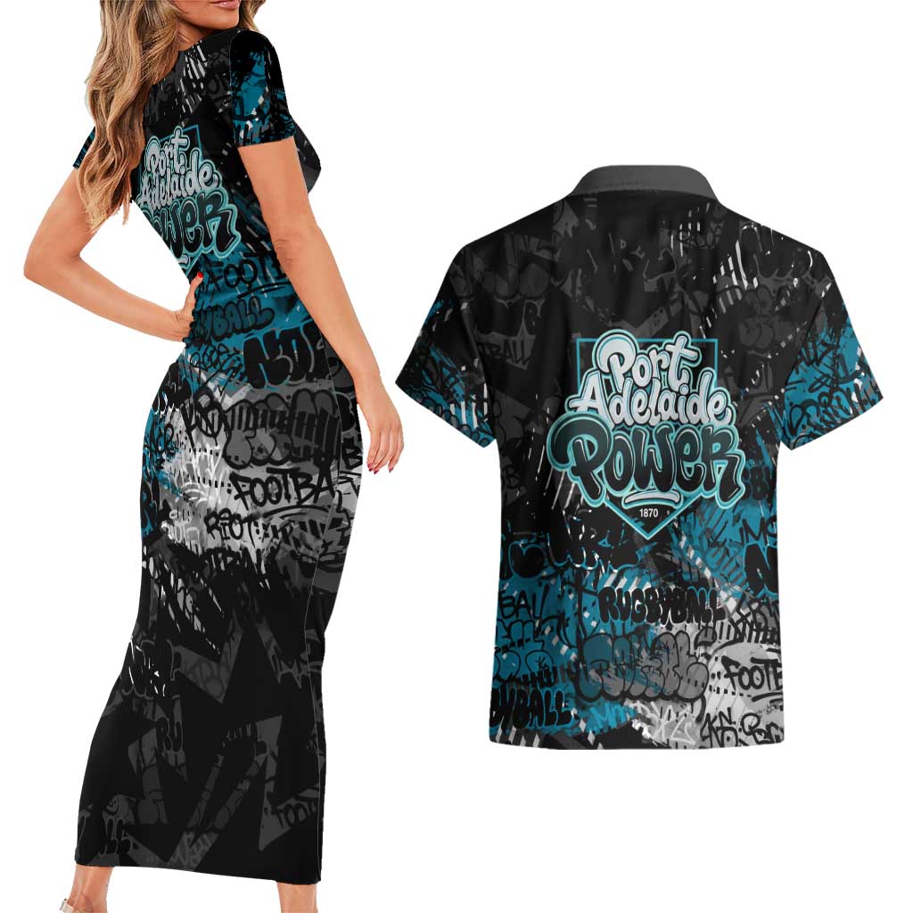 Port Adelaide Power Couples Matching Short Sleeve Bodycon Dress and Hawaiian Shirt Urban Graffiti Street Art - Bold Abstract Spray Paint