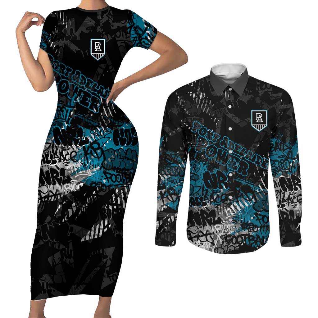 Port Adelaide Power Couples Matching Short Sleeve Bodycon Dress and Long Sleeve Button Shirt Urban Graffiti Street Art - Bold Abstract Spray Paint