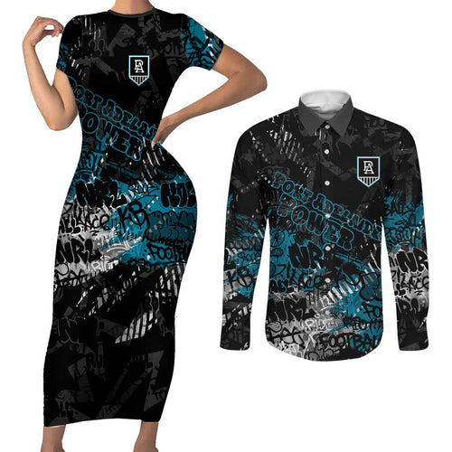 Port Adelaide Power Couples Matching Short Sleeve Bodycon Dress and Long Sleeve Button Shirt Urban Graffiti Street Art - Bold Abstract Spray Paint