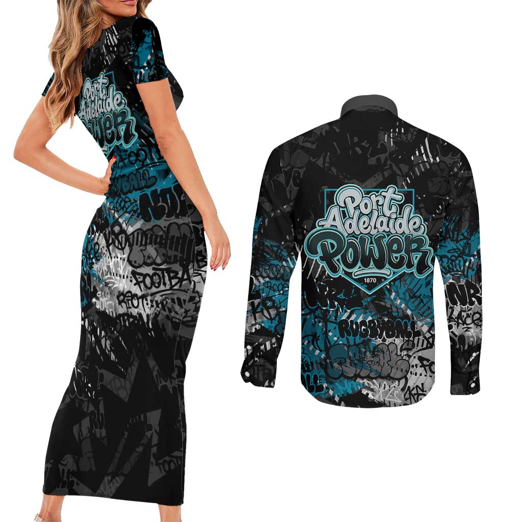 Port Adelaide Power Couples Matching Short Sleeve Bodycon Dress and Long Sleeve Button Shirt Urban Graffiti Street Art - Bold Abstract Spray Paint