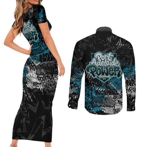 Port Adelaide Power Couples Matching Short Sleeve Bodycon Dress and Long Sleeve Button Shirt Urban Graffiti Street Art - Bold Abstract Spray Paint