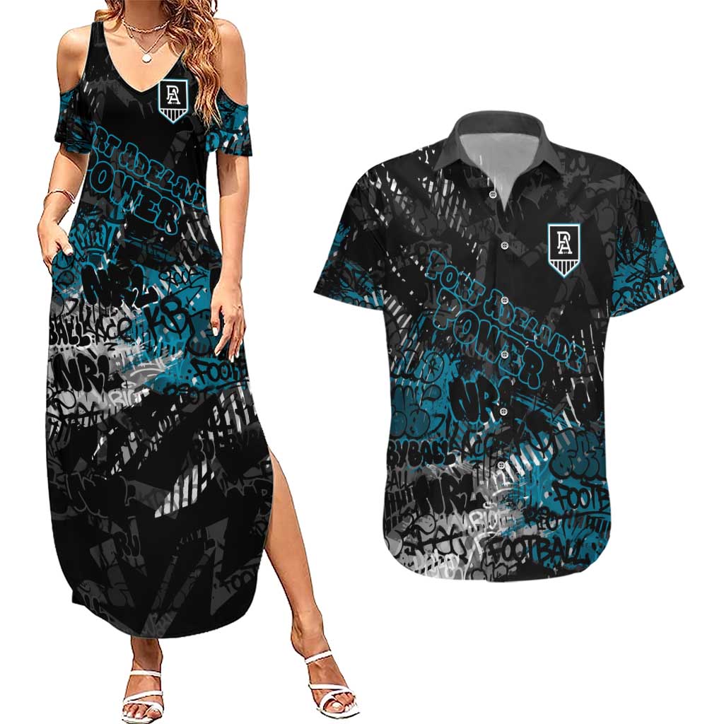 Port Adelaide Power Couples Matching Summer Maxi Dress and Hawaiian Shirt Urban Graffiti Street Art - Bold Abstract Spray Paint