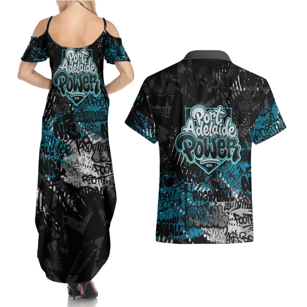 Port Adelaide Power Couples Matching Summer Maxi Dress and Hawaiian Shirt Urban Graffiti Street Art - Bold Abstract Spray Paint