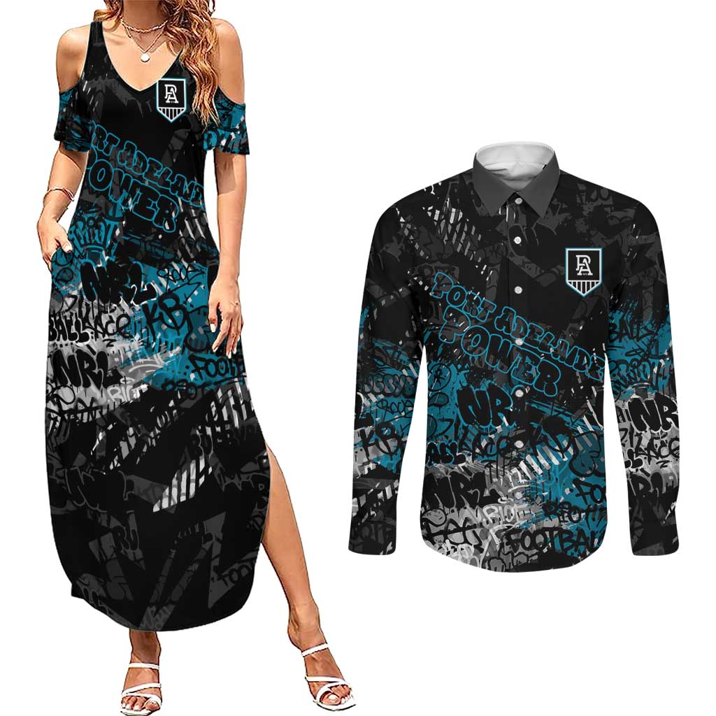 Port Adelaide Power Couples Matching Summer Maxi Dress and Long Sleeve Button Shirt Urban Graffiti Street Art - Bold Abstract Spray Paint