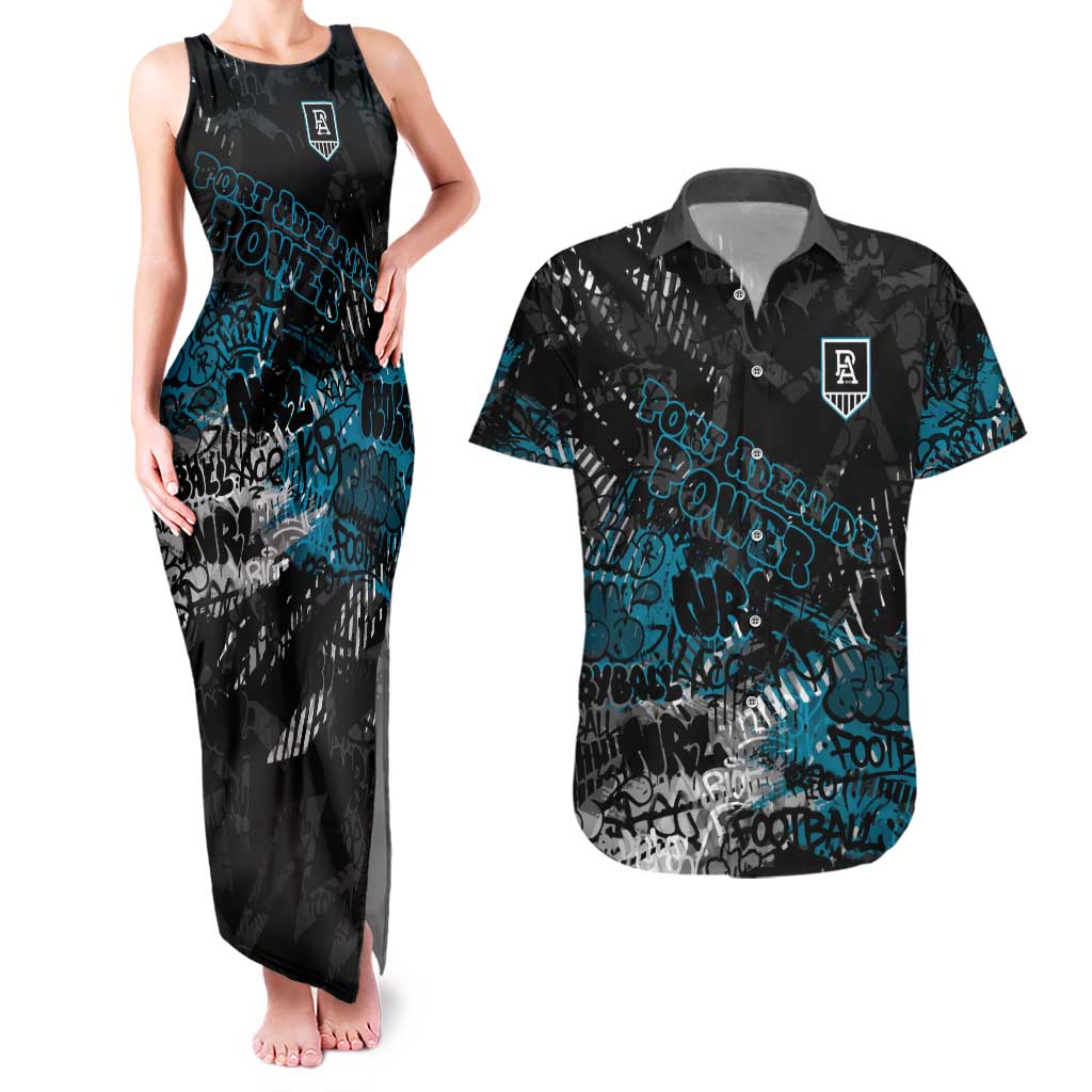 Port Adelaide Power Couples Matching Tank Maxi Dress and Hawaiian Shirt Urban Graffiti Street Art - Bold Abstract Spray Paint