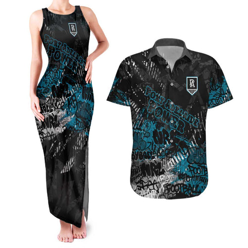 Port Adelaide Power Couples Matching Tank Maxi Dress and Hawaiian Shirt Urban Graffiti Street Art - Bold Abstract Spray Paint