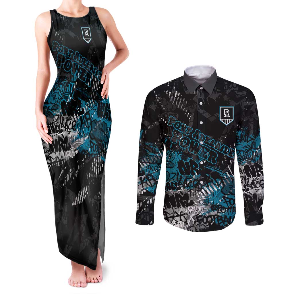 Port Adelaide Power Couples Matching Tank Maxi Dress and Long Sleeve Button Shirt Urban Graffiti Street Art - Bold Abstract Spray Paint