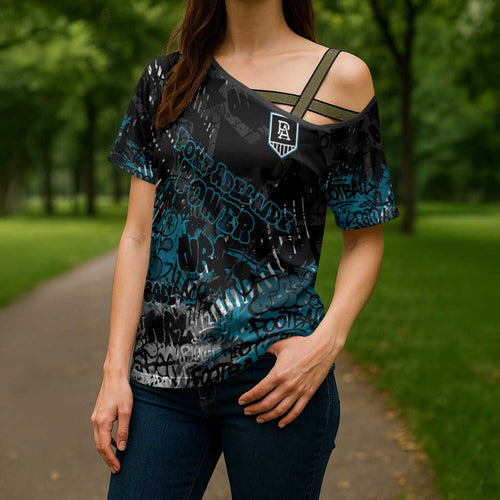 Port Adelaide Power Cross Shoulder Shirt Urban Graffiti Street Art - Bold Abstract Spray Paint