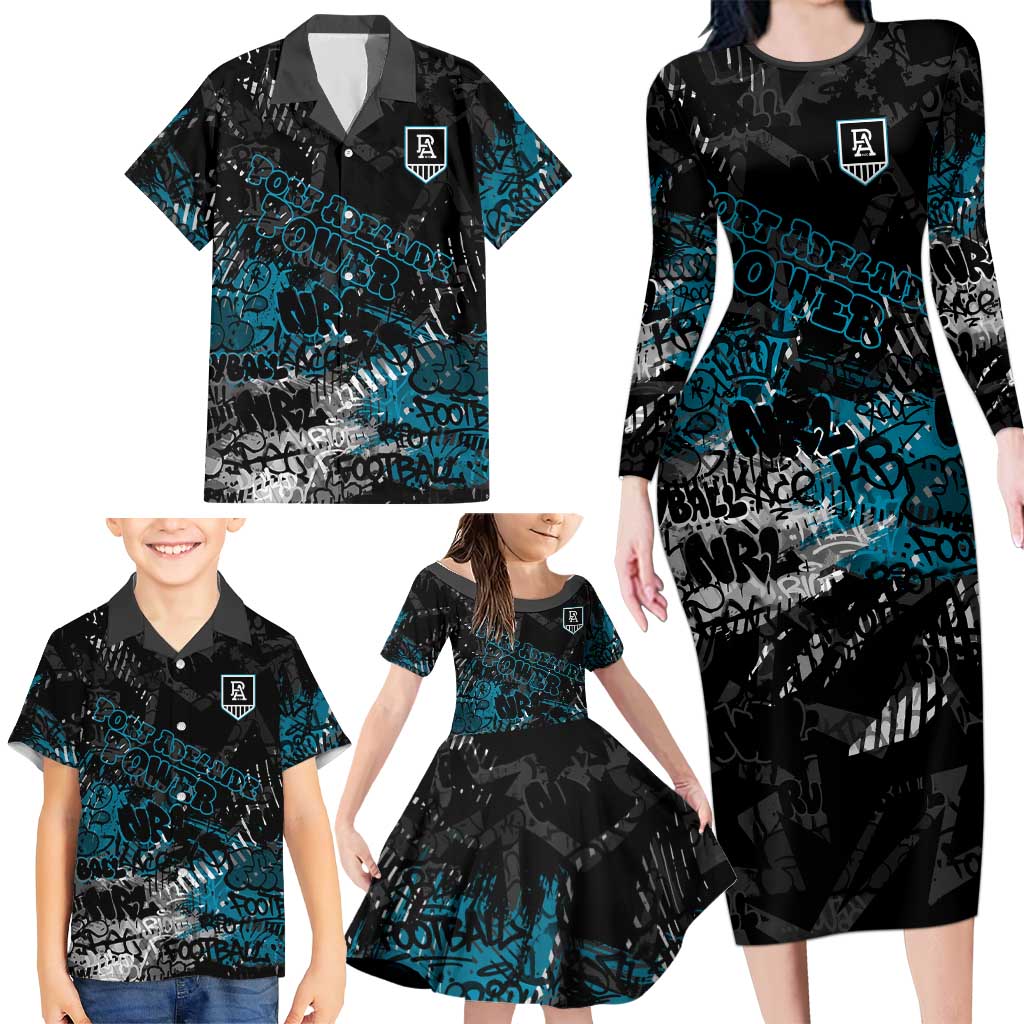 Port Adelaide Power Family Matching Long Sleeve Bodycon Dress and Hawaiian Shirt Urban Graffiti Street Art - Bold Abstract Spray Paint