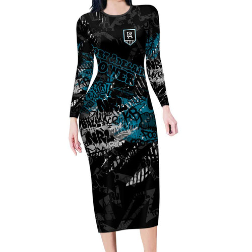 Port Adelaide Power Family Matching Long Sleeve Bodycon Dress and Hawaiian Shirt Urban Graffiti Street Art - Bold Abstract Spray Paint