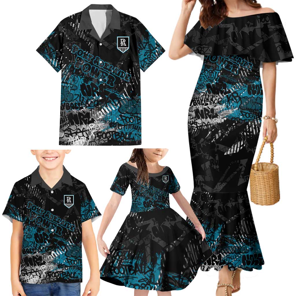 Port Adelaide Power Family Matching Mermaid Dress and Hawaiian Shirt Urban Graffiti Street Art - Bold Abstract Spray Paint