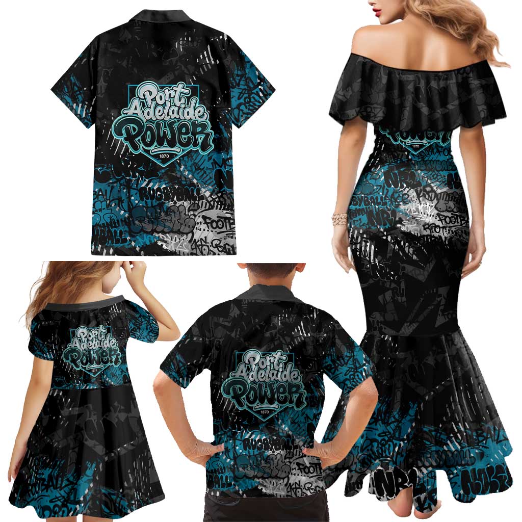 Port Adelaide Power Family Matching Mermaid Dress and Hawaiian Shirt Urban Graffiti Street Art - Bold Abstract Spray Paint