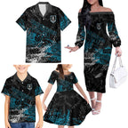 Port Adelaide Power Family Matching Off The Shoulder Long Sleeve Dress and Hawaiian Shirt Urban Graffiti Street Art - Bold Abstract Spray Paint