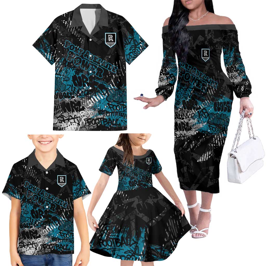 Port Adelaide Power Family Matching Off The Shoulder Long Sleeve Dress and Hawaiian Shirt Urban Graffiti Street Art - Bold Abstract Spray Paint
