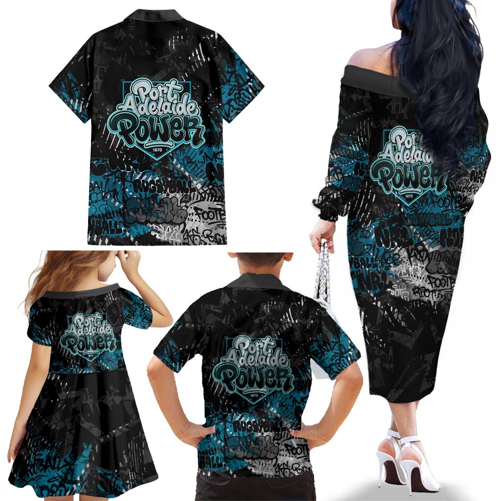 Port Adelaide Power Family Matching Off The Shoulder Long Sleeve Dress and Hawaiian Shirt Urban Graffiti Street Art - Bold Abstract Spray Paint