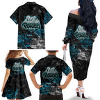 Port Adelaide Power Family Matching Off The Shoulder Long Sleeve Dress and Hawaiian Shirt Urban Graffiti Street Art - Bold Abstract Spray Paint