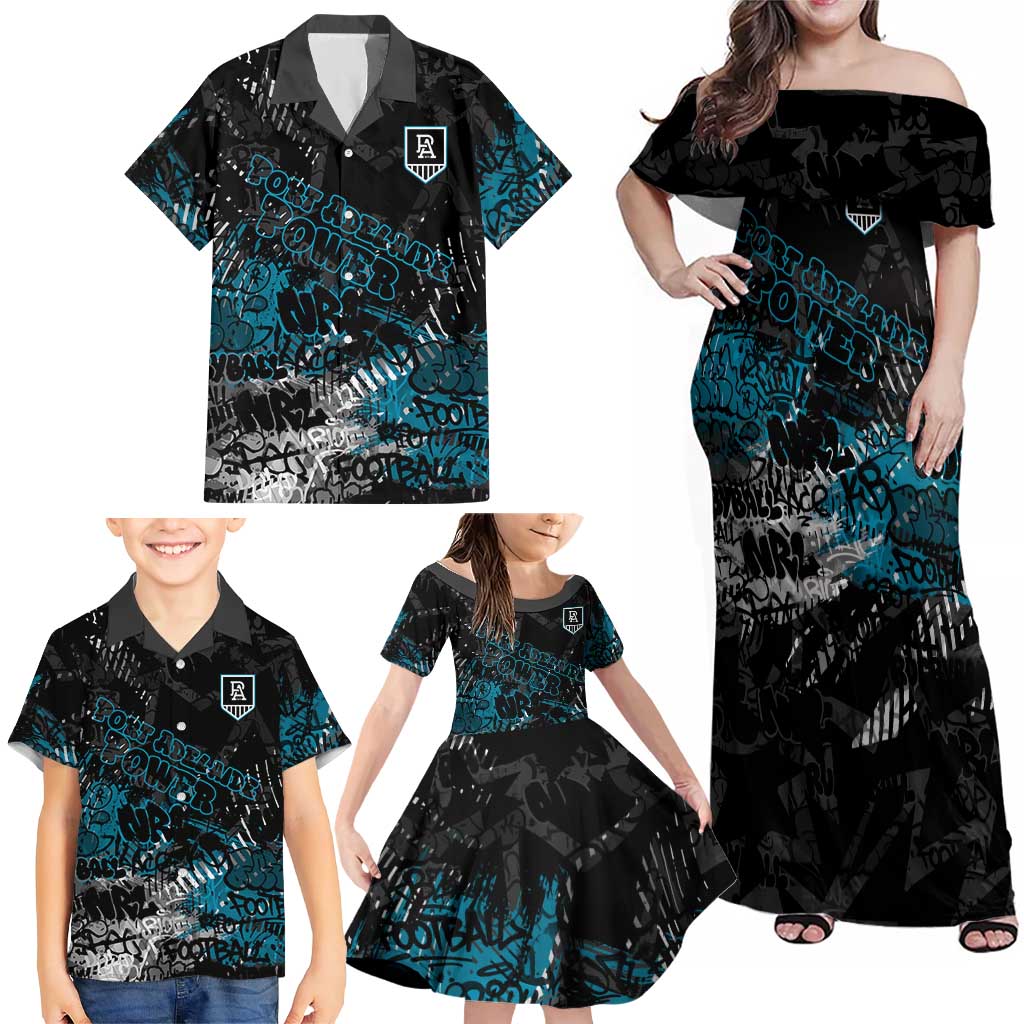 Port Adelaide Power Family Matching Off Shoulder Maxi Dress and Hawaiian Shirt Urban Graffiti Street Art - Bold Abstract Spray Paint