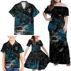 Port Adelaide Power Family Matching Off Shoulder Maxi Dress and Hawaiian Shirt Urban Graffiti Street Art - Bold Abstract Spray Paint