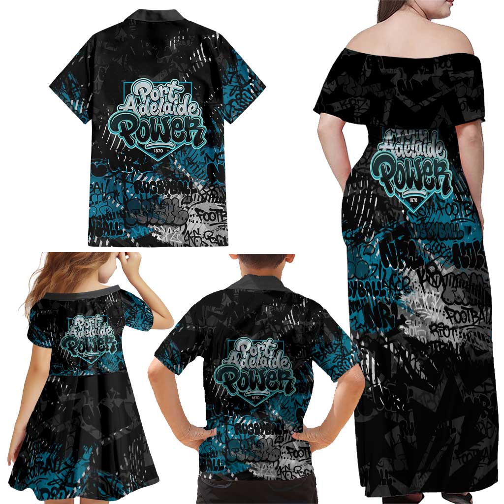 Port Adelaide Power Family Matching Off Shoulder Maxi Dress and Hawaiian Shirt Urban Graffiti Street Art - Bold Abstract Spray Paint