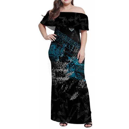 Port Adelaide Power Family Matching Off Shoulder Maxi Dress and Hawaiian Shirt Urban Graffiti Street Art - Bold Abstract Spray Paint